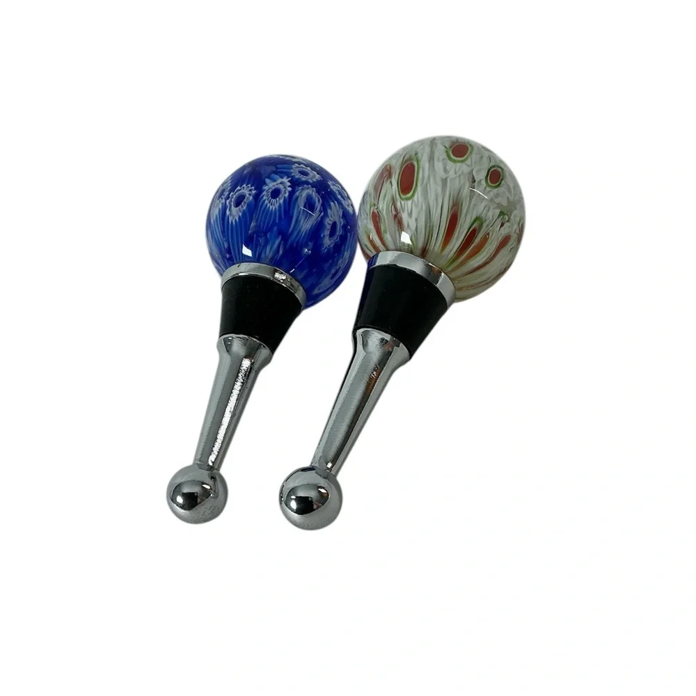 Art Glass Wine Stoppers - Millefiore Blues - Set of 2